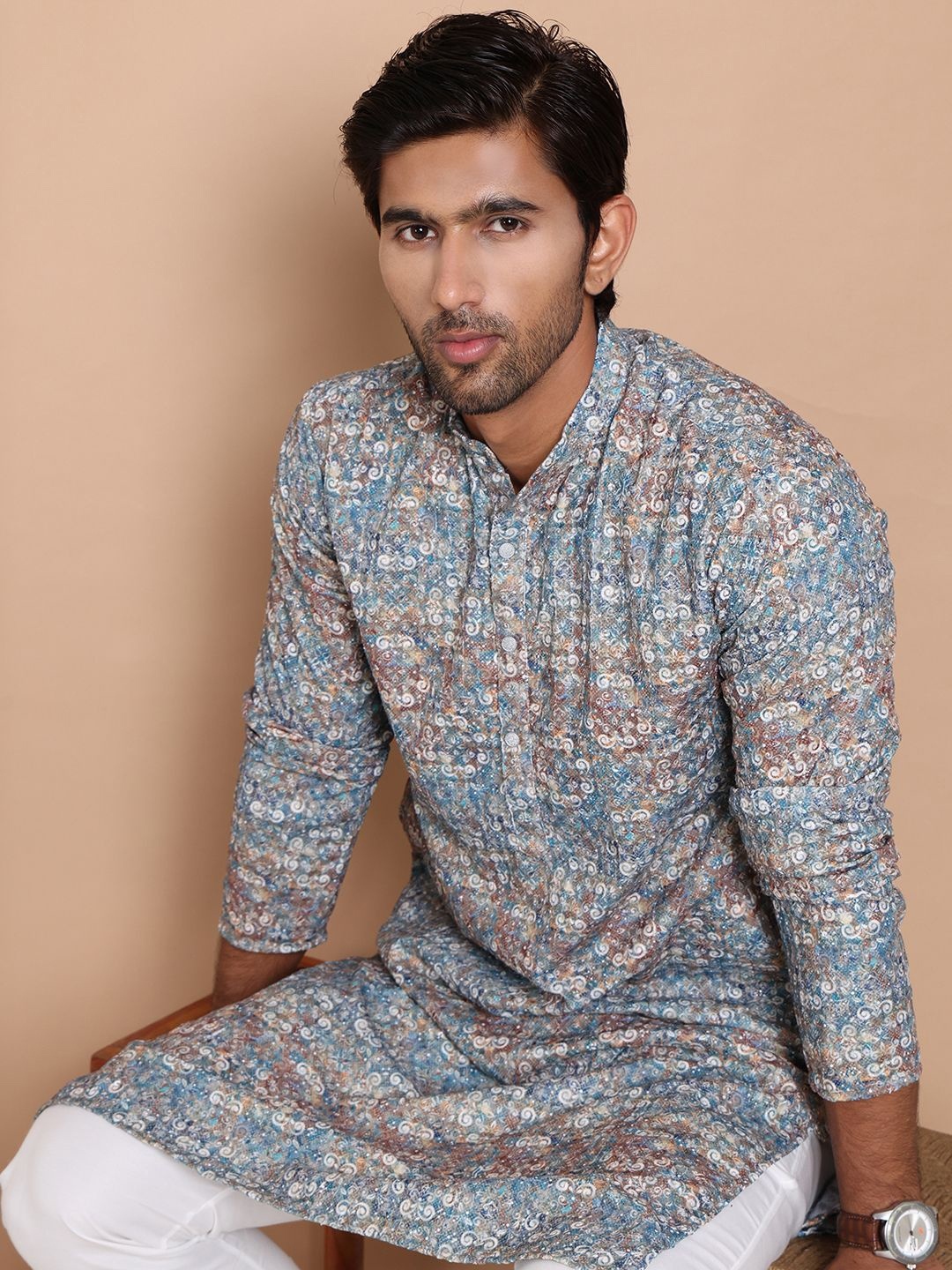 

Jompers Men Floral Printed Chikankari Floral Kurta, Olive