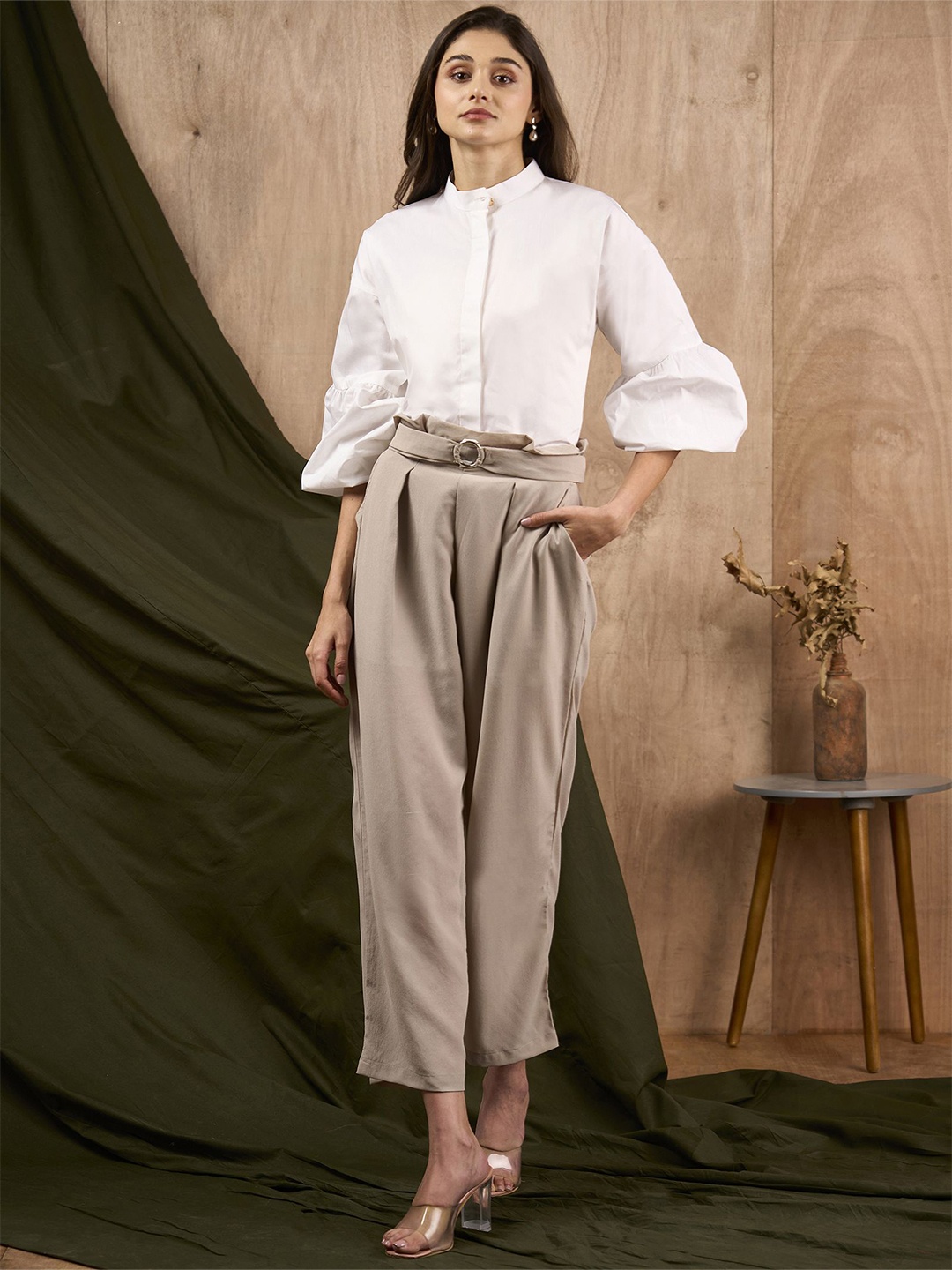 

MISH X Women Band Collar Solid Cotton Formal Shirt, White