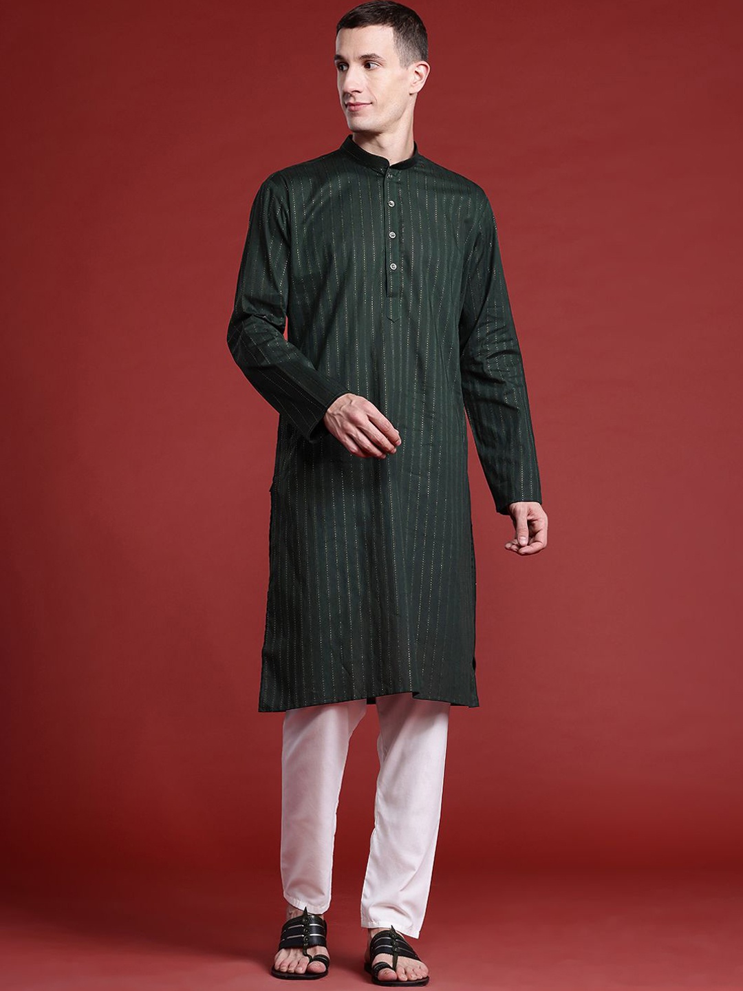 

MANQ Striped Thread Work Mandarin Collar Pure Cotton Straight Kurta, Olive