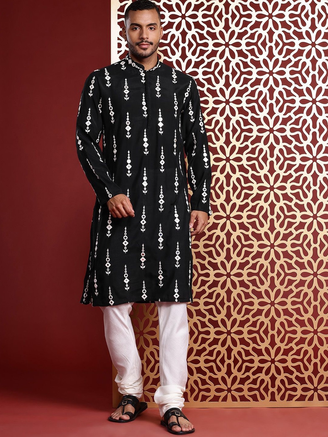 

MANQ Ethnic Motifs Embroidered Mandarin Collar Mirror Work Cotton Straight Kurta, Black