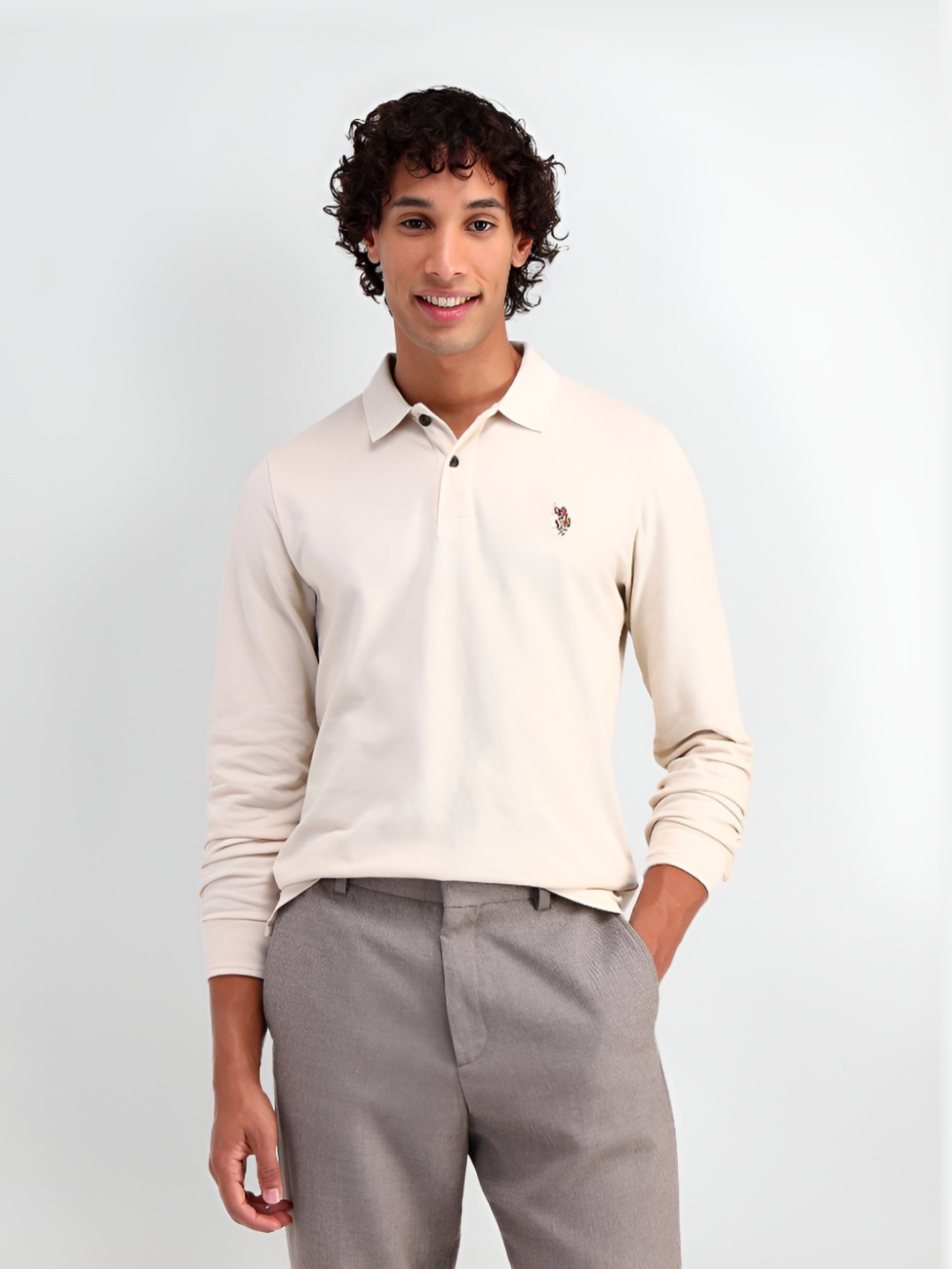 

U.S. Polo Assn. Denim Co. Men Brand Logo Printed Polo Collar T-shirt, Beige