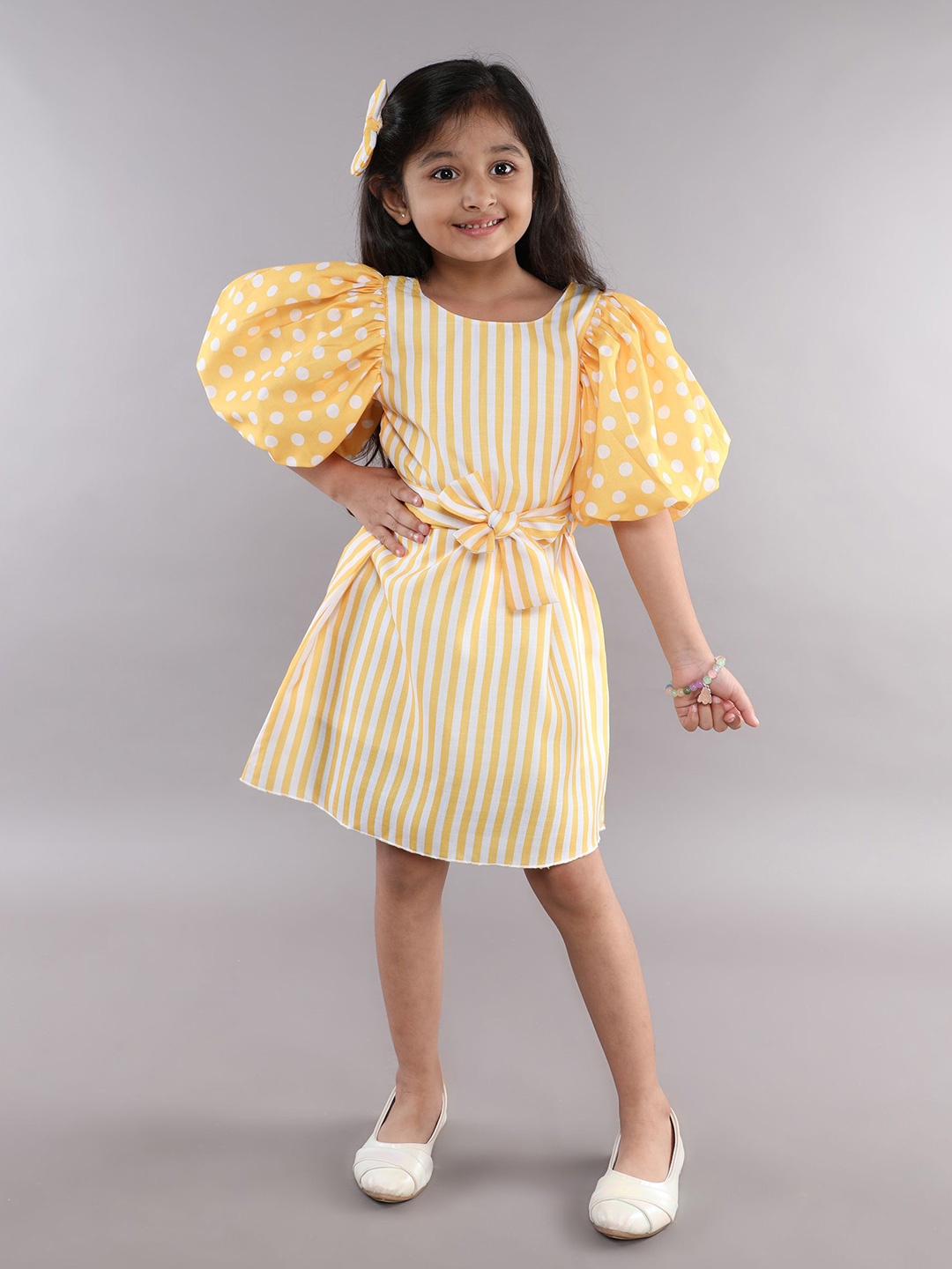 

Pink Chick Polka Dot Striped Puff Sleeve A-Line Dress, Yellow