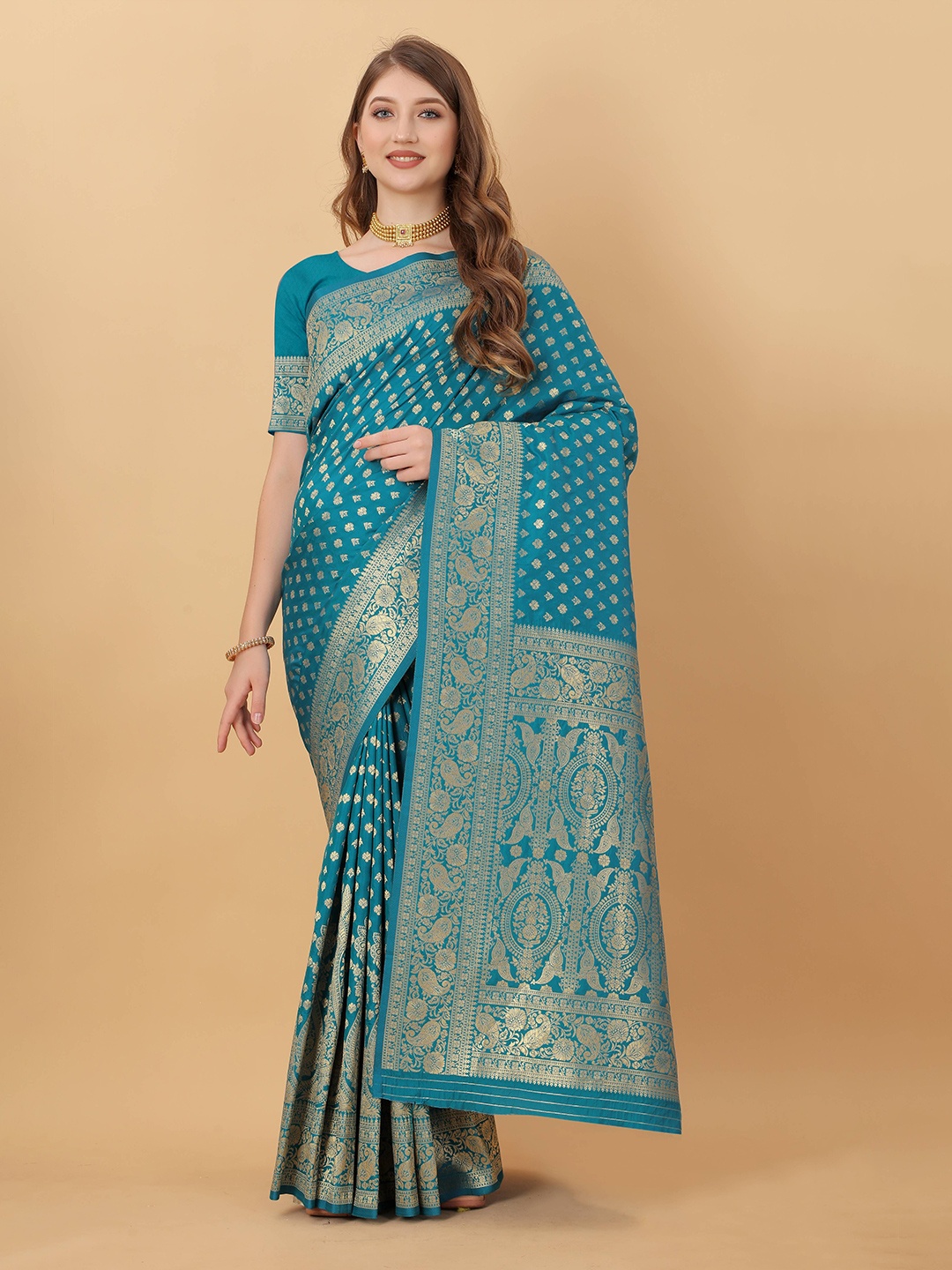 

Zeekha Woven Design Zari Pure Silk Kanjeevaram Saree, Turquoise blue