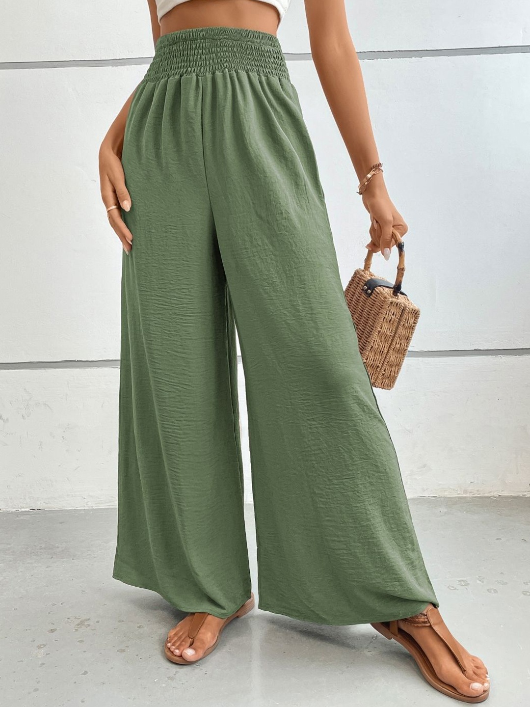 

KPOP Women Mid-Rise Wide Leg Trousers, Green