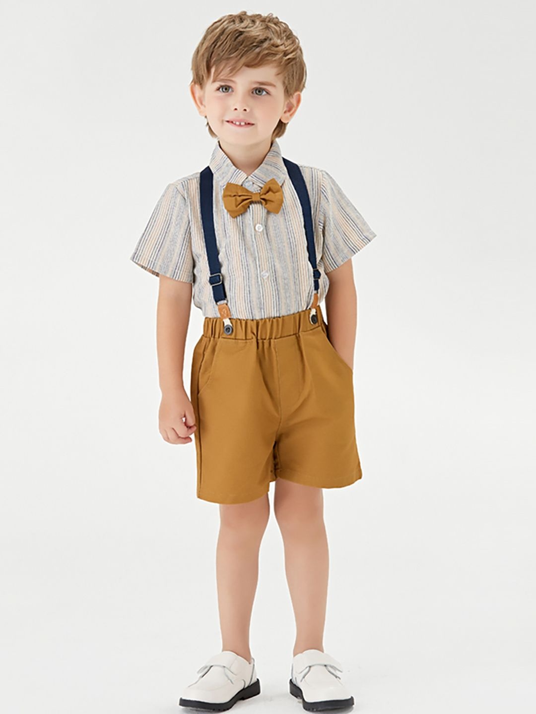 

JC SPARKLE Boys Striped Shirt With Shorts And Suspenders, Beige