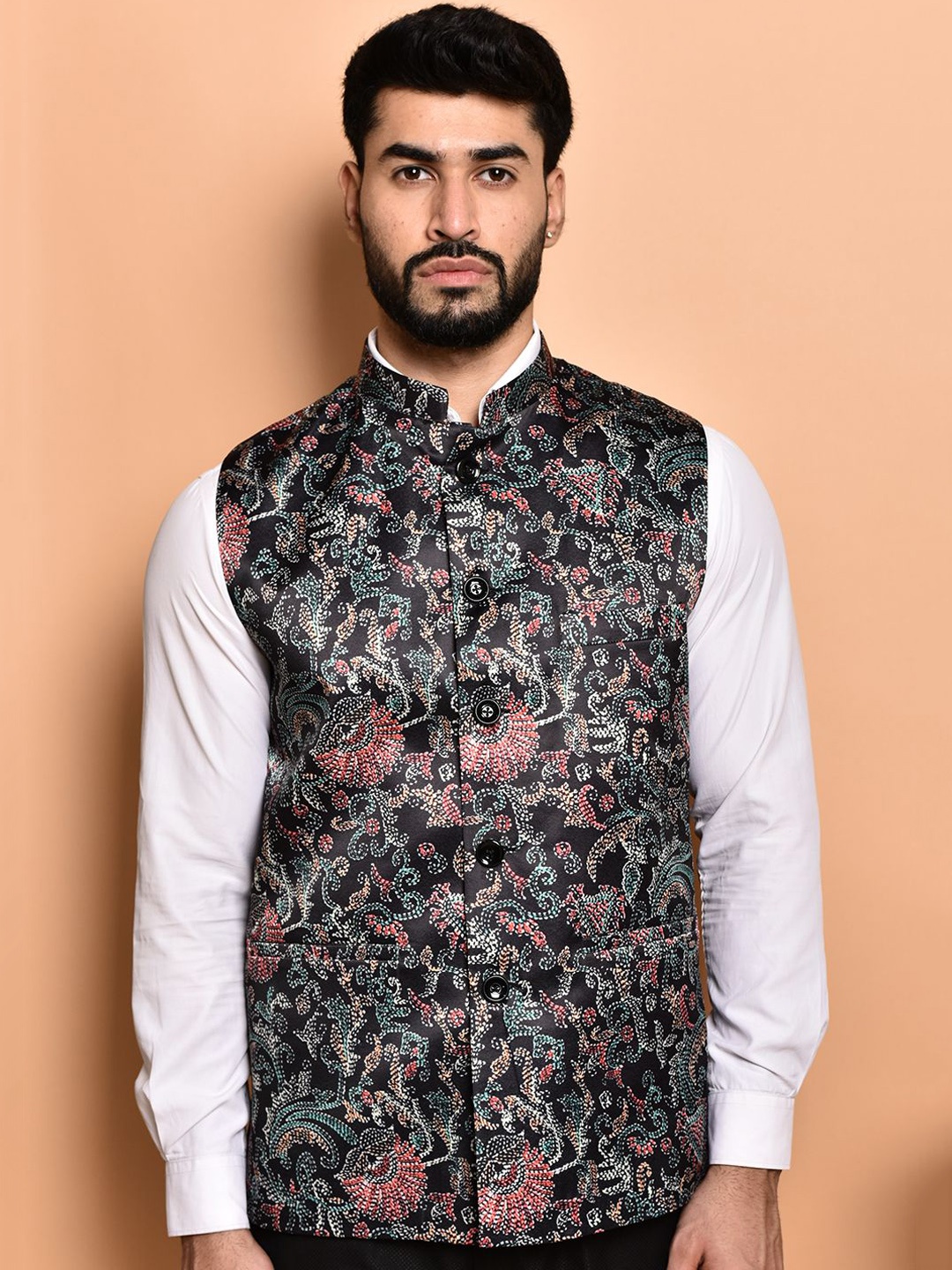 

PRINTCULTR Printed Woven Nehru Jacket, Black