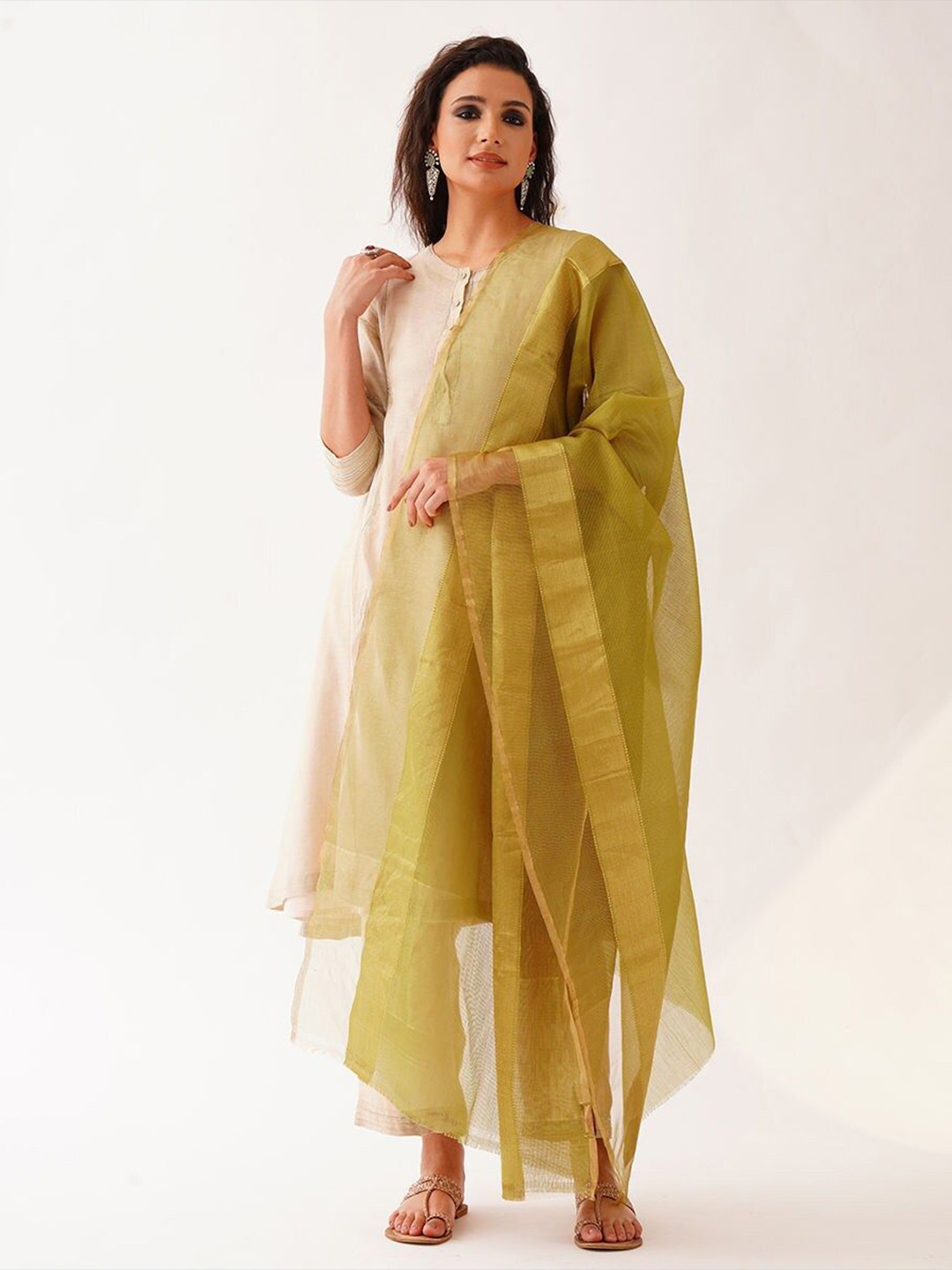 

JAYPORE Woven Design Cotton Silk Dupatta with Zari, Olive