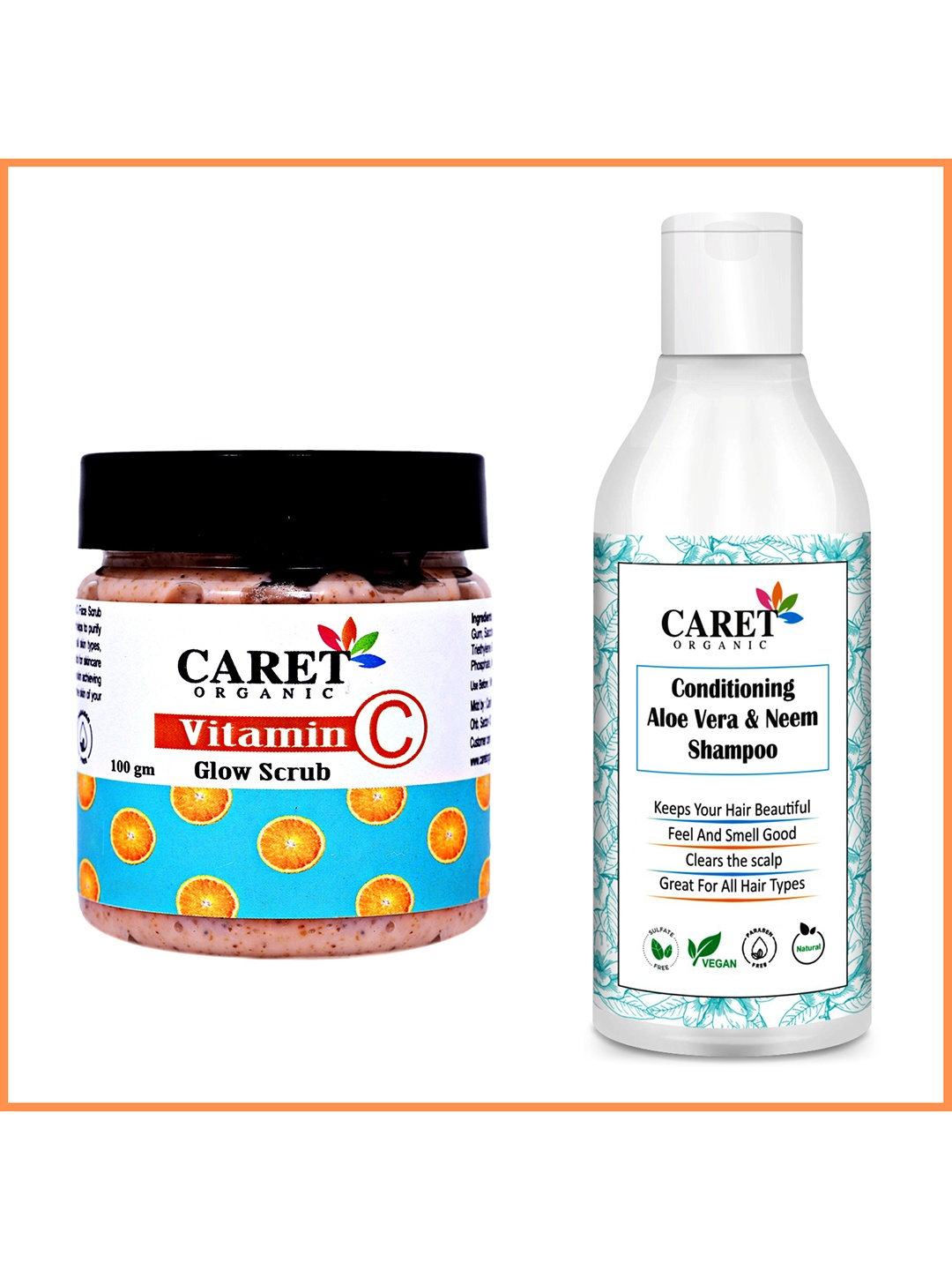 

CARET ORGANIC Aloe vera & Neem Shampoo- 200 ml & Vitamin C Glow Scrub Combo-100 g, White