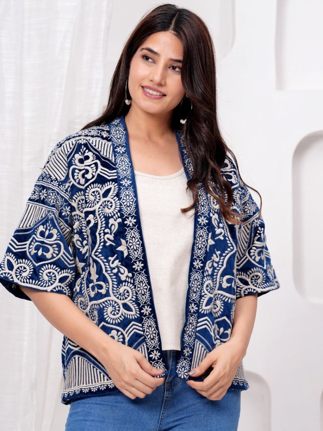 

Zolo Label Women Lightweight Open Front Jacket with Embroidered, Blue