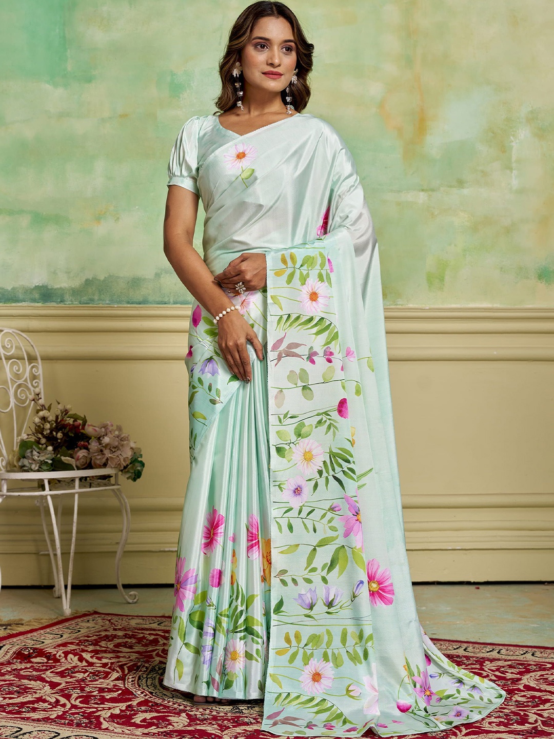 

KAYOMMI Floral Printed Pure Crepe Saree, Green