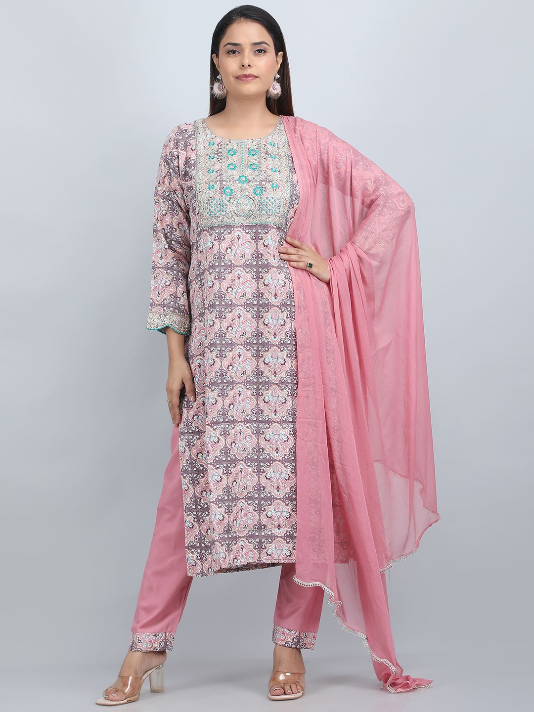 

SHIFORY Women Floral Printed Regular Kurta with Trousers & With Dupatta, Peach