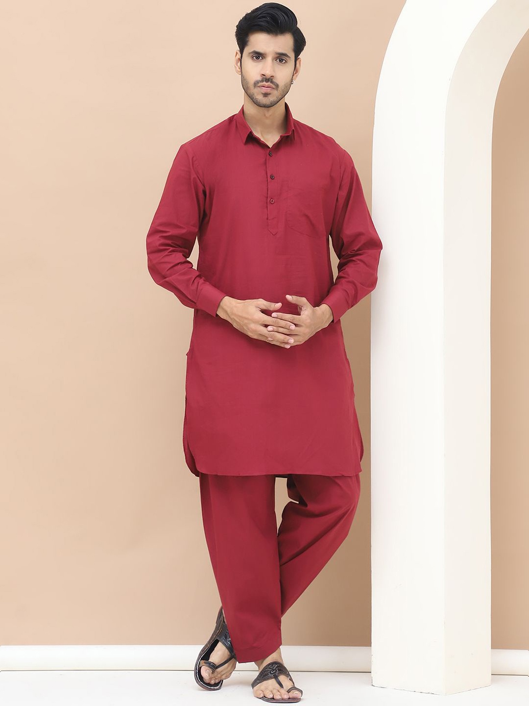 

TAG 7 Shirt Collar Cuffed Sleeves Pure Cotton Pathani Kurta With Salwar, Maroon