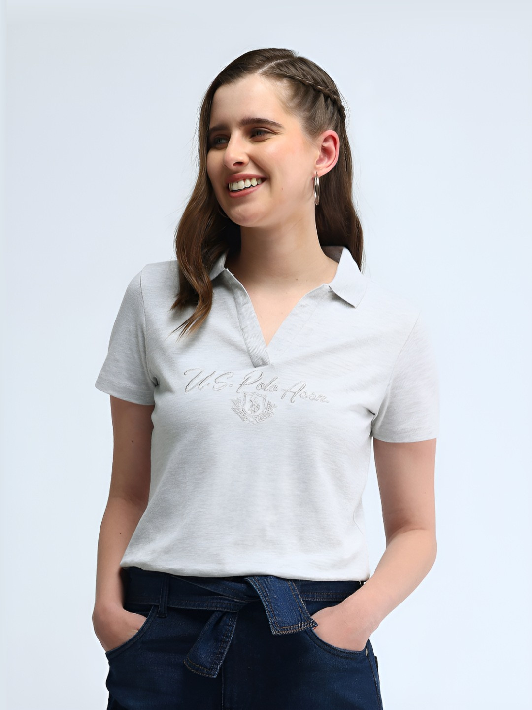 

U.S. Polo Assn. Women Brand Logo Printed Polo Collar Cotton T-shirt, Grey