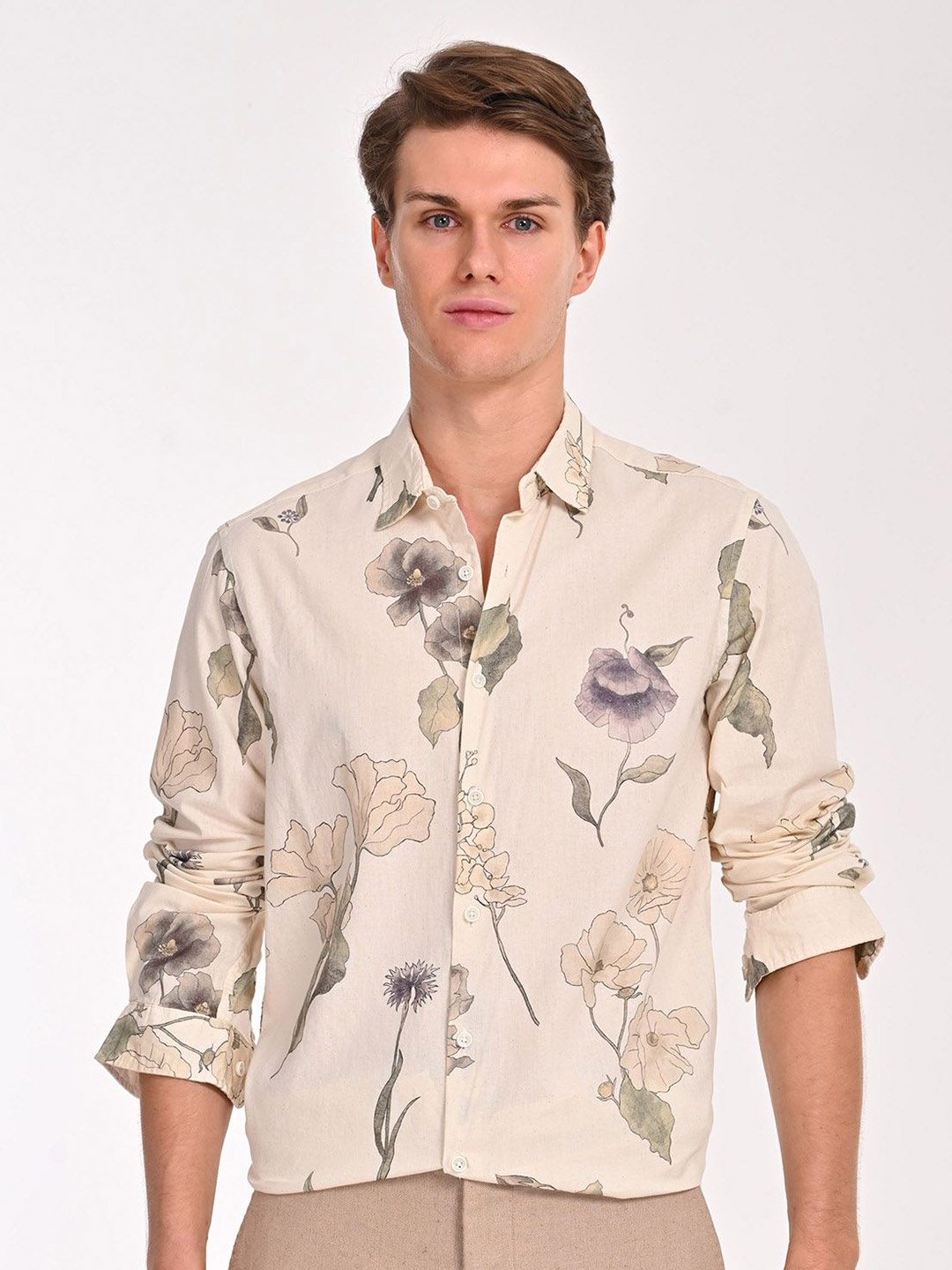 

POE Men Smart Slim Fit Floral Opaque Printed Casual Shirt, Beige