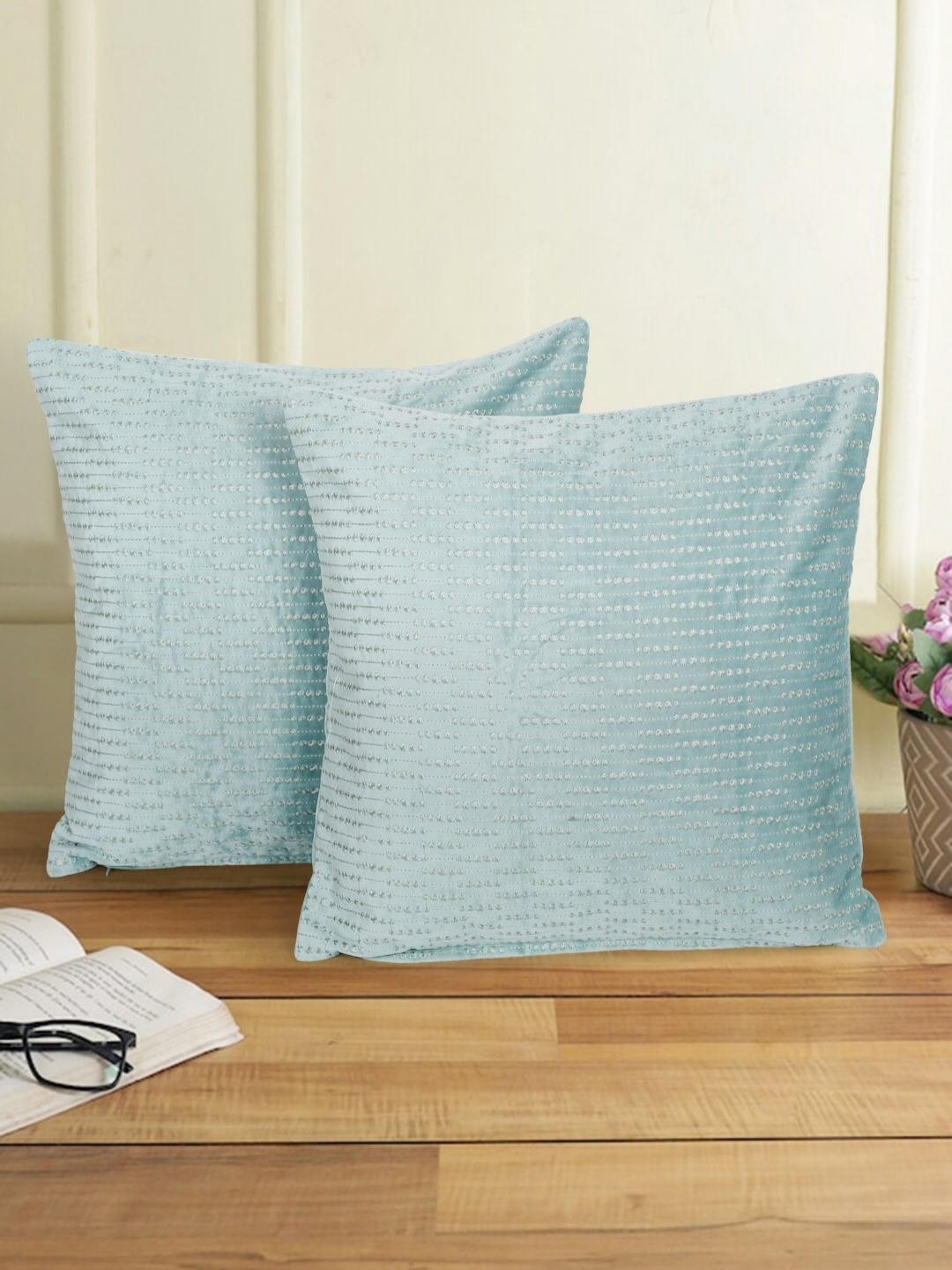 

eyda Turquoise Blue 2 Pieces Floral Embroidered Velvet Square Cushion Covers