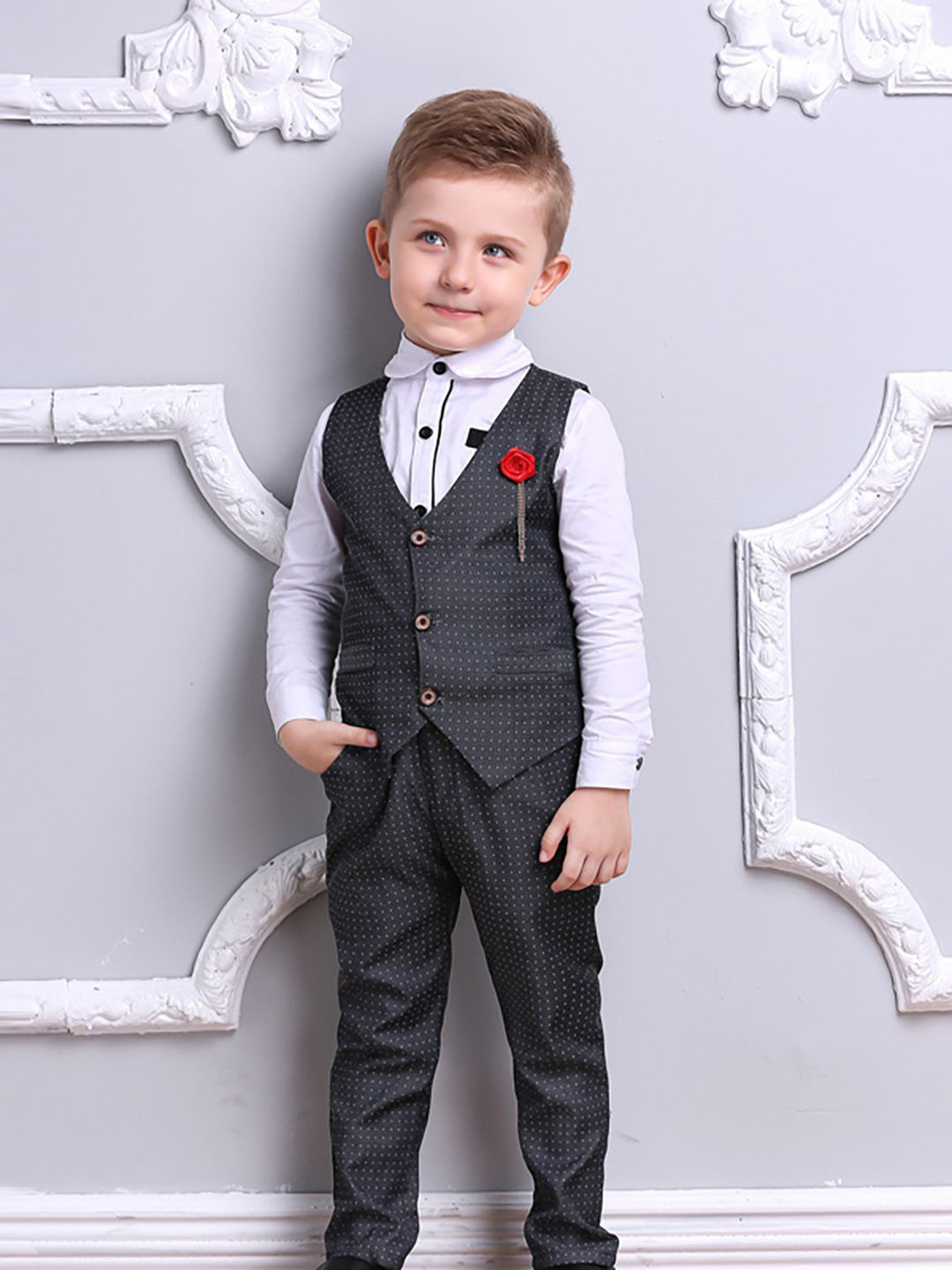 

JC SPARKLE Boys Micro Ditsy Printed Shirt with Trousers & Waistcoat, Black