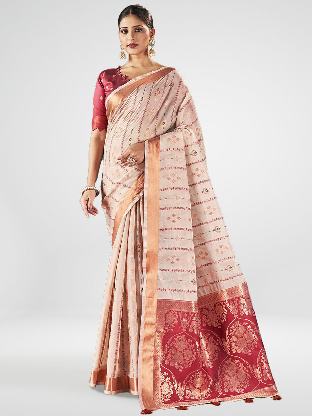 

SARHA Ethnic Motifs Printed Woven Design Zari Pure Cotton Designer Saree, Beige