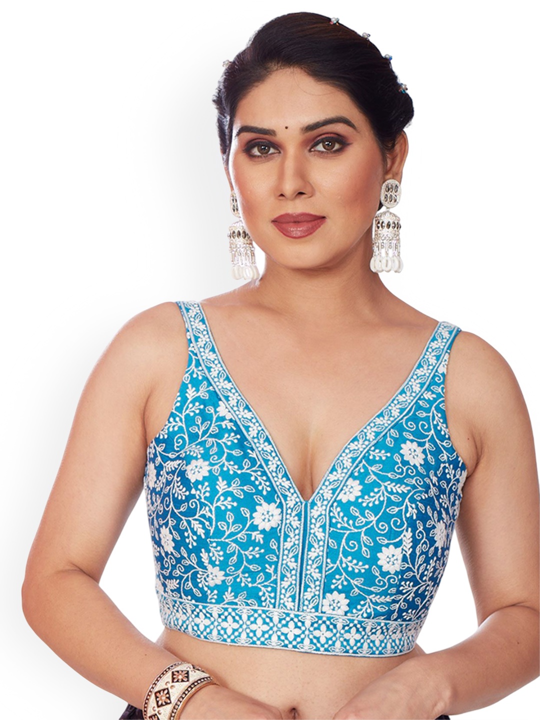 

Mmore Embroidered Padded Saree Blouse, Blue