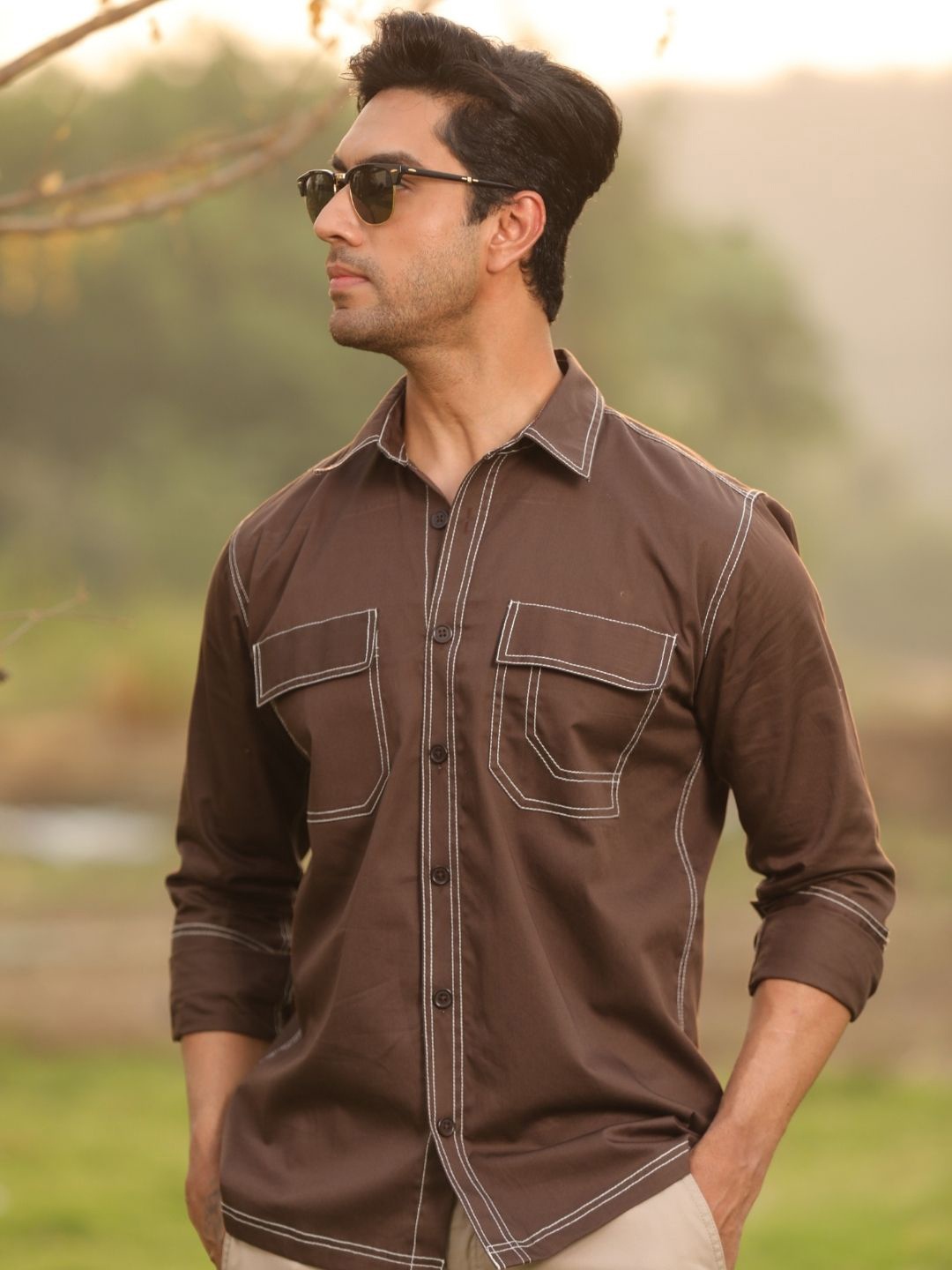 

PERCH Men Relaxed Spread Collar Solid Cotton Boxy Casual Shirt, Brown