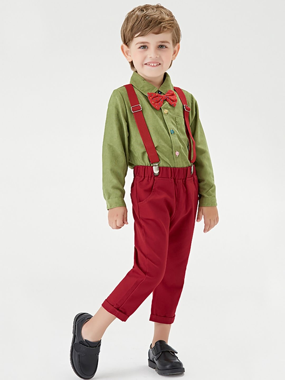 

JC SPARKLE Boys Shirt Collar Long Sleeves Shirt with Trouser and Suspenders & Bow Tie, Olive