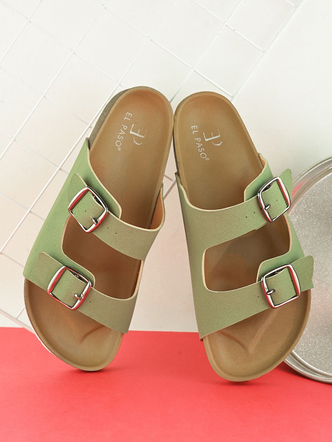 

El Paso Women Open Toe Flats with Buckles, Green