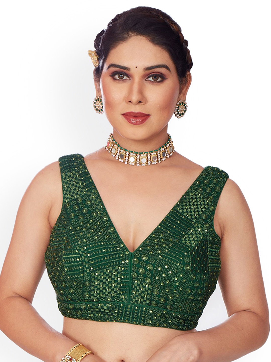 

Mmore Embroidered Padded Saree Blouse, Green