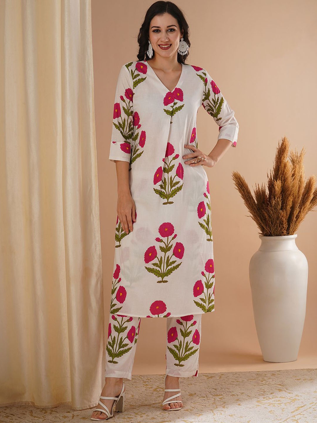 

FASHOR Printed Pure Cotton Tunic With Trouser Co-Ords, Pink