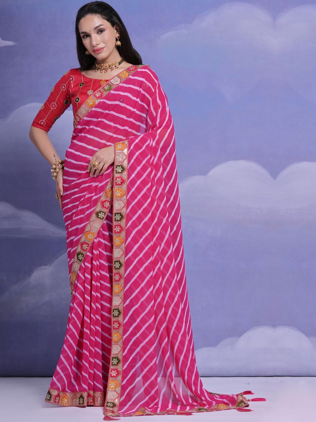 

Mitera Leheriya Printed Sequinned Saree, Pink