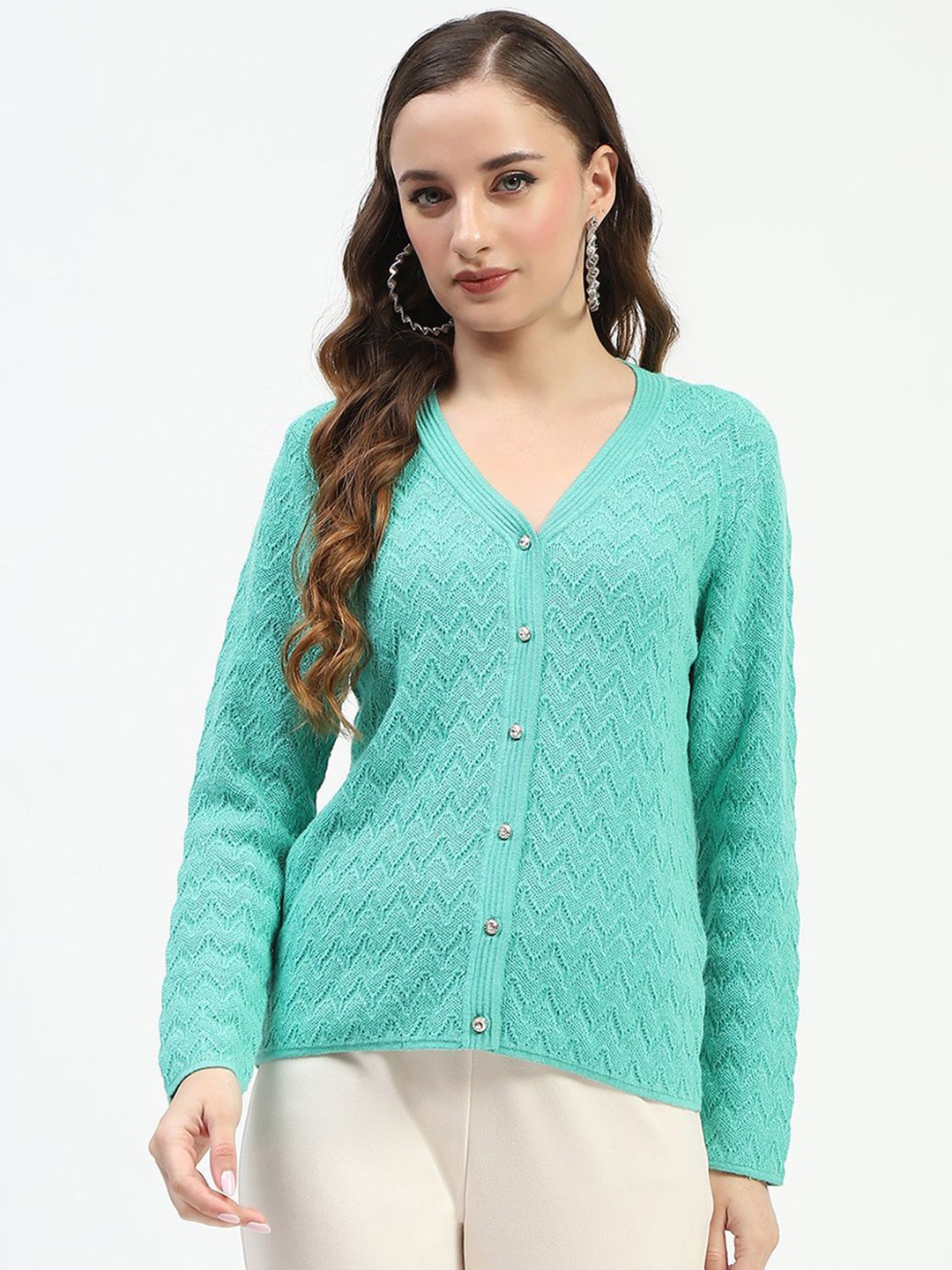 

Madame Women Self Design V-Neck Cardigan, Green