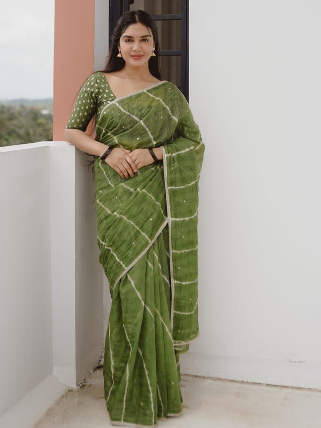 

STAVA CREATION Printed Leheriya Saree, Green