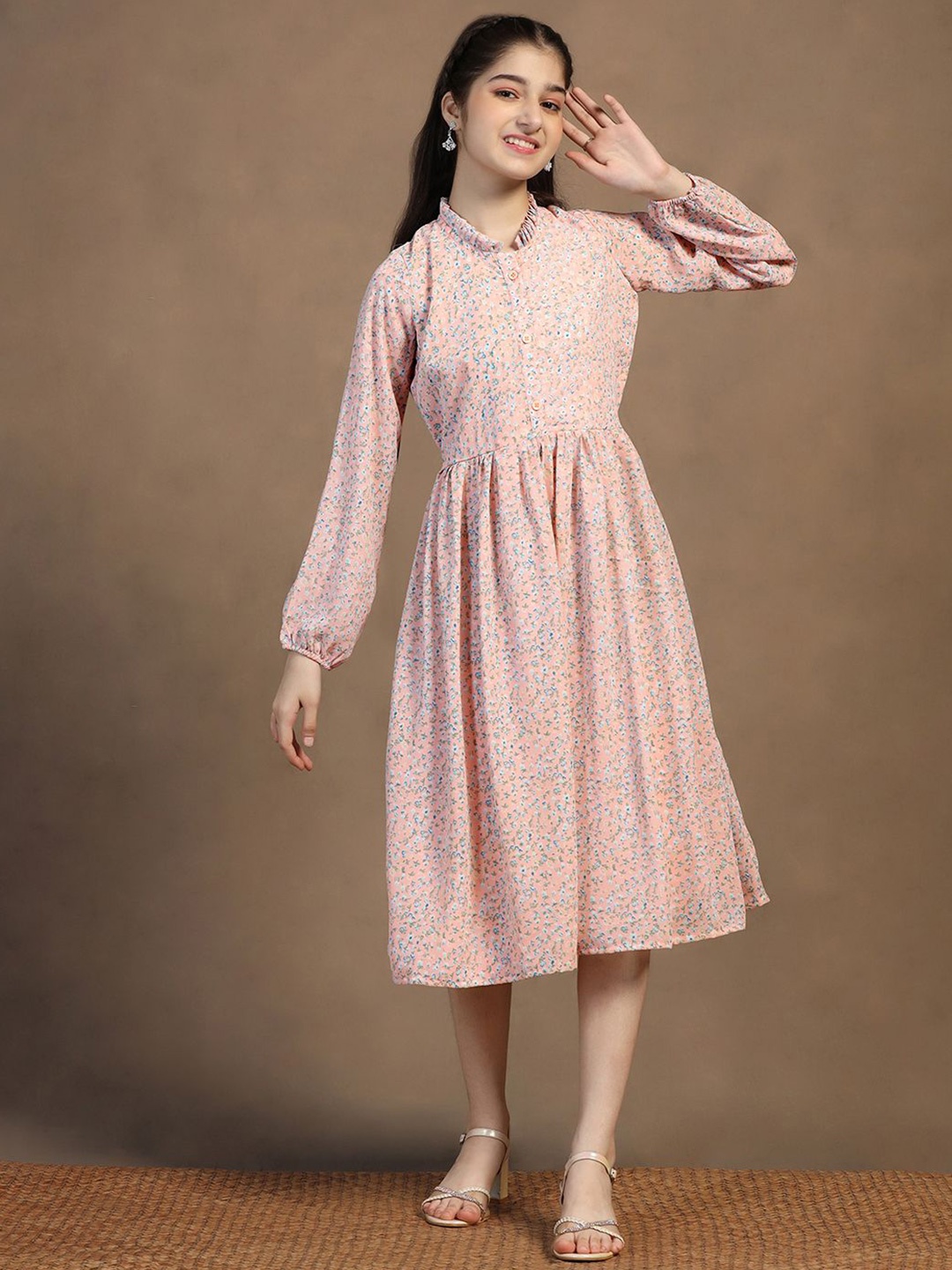 

FASHION DREAM Girls Floral Print Georgette Fit & Flare Dress, Peach