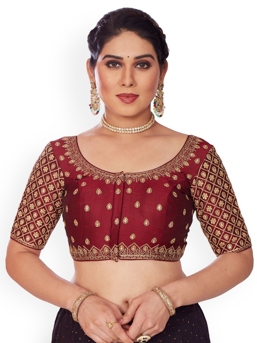 

Mmore Embroidered Padded Saree Blouse, Maroon