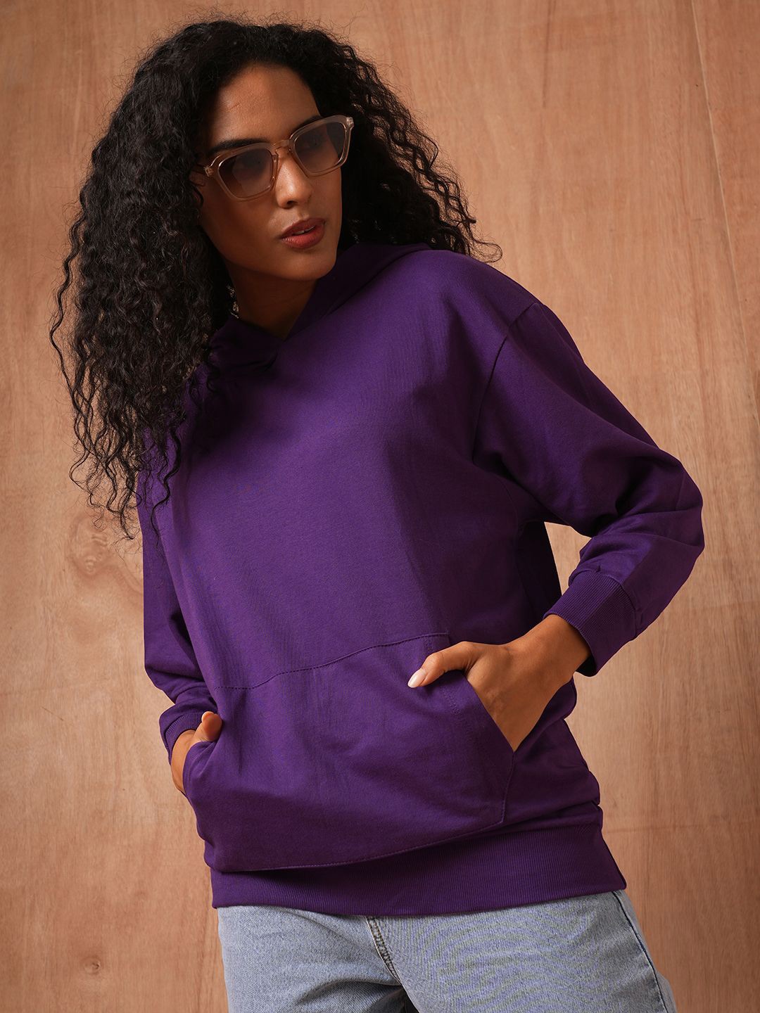 

The Roadster Lifestyle Co. Women Solid Hood Cotton Pullover Sweatshirt, Purple