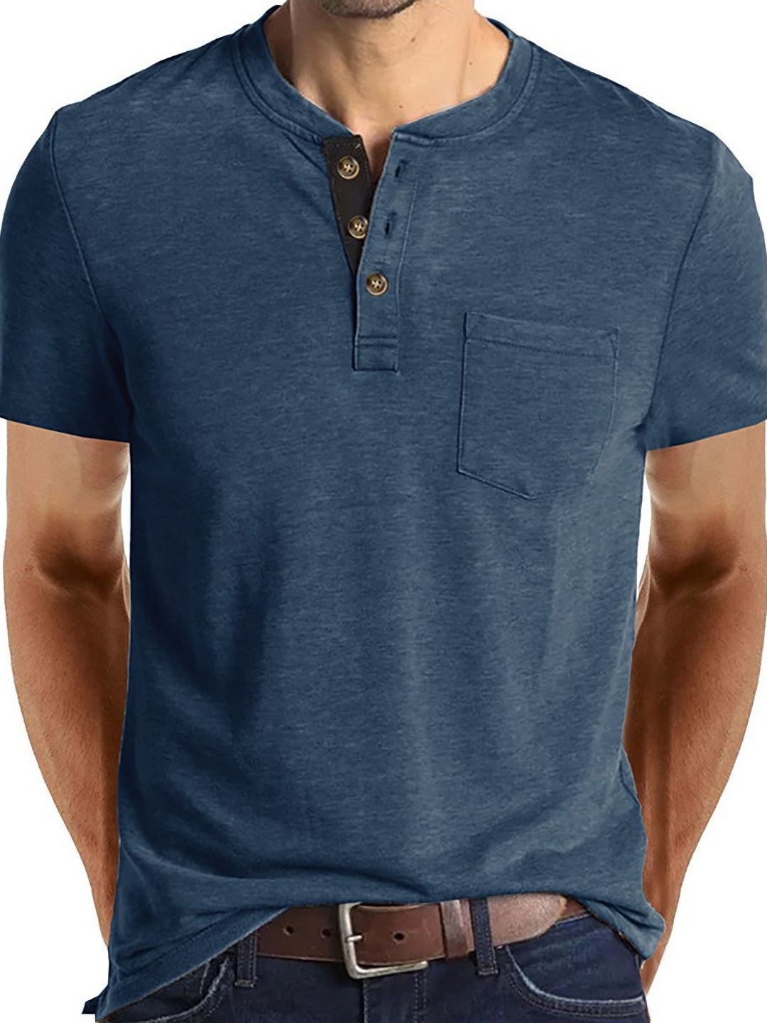 

StyleCast x Revolte Men Solid Henley Neck T-shirt, Blue