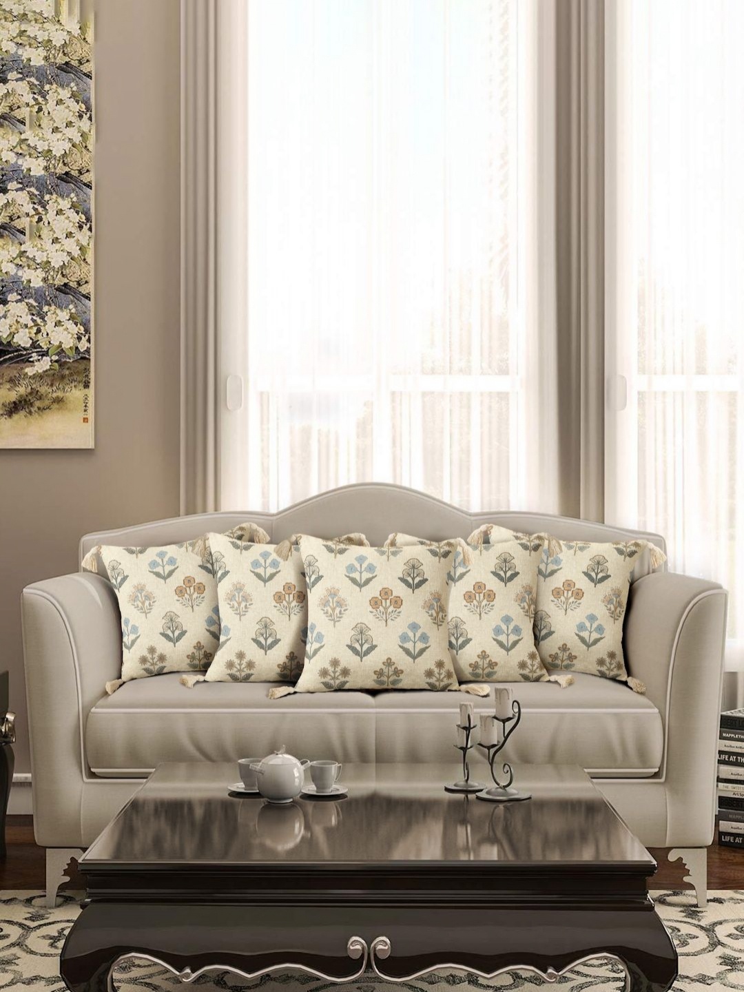 

eyda Beige &Red 5 Pieces Floral Printed Cushion Covers