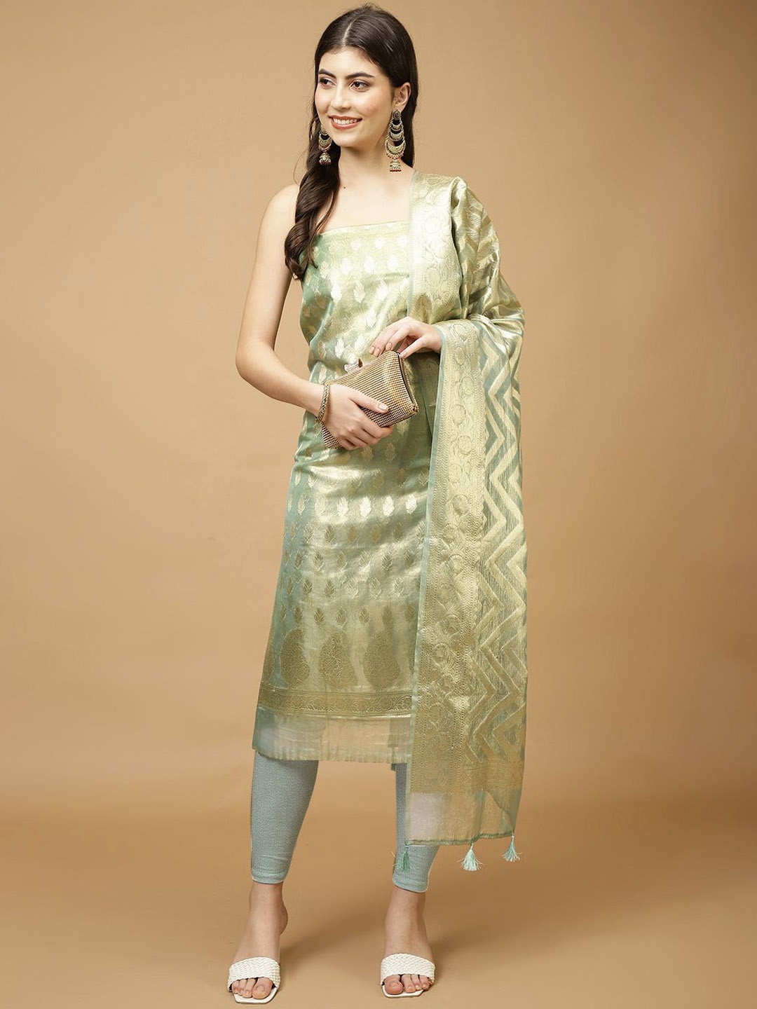 

Meena Bazaar Art Silk Unstitched Dress Material, Sea green