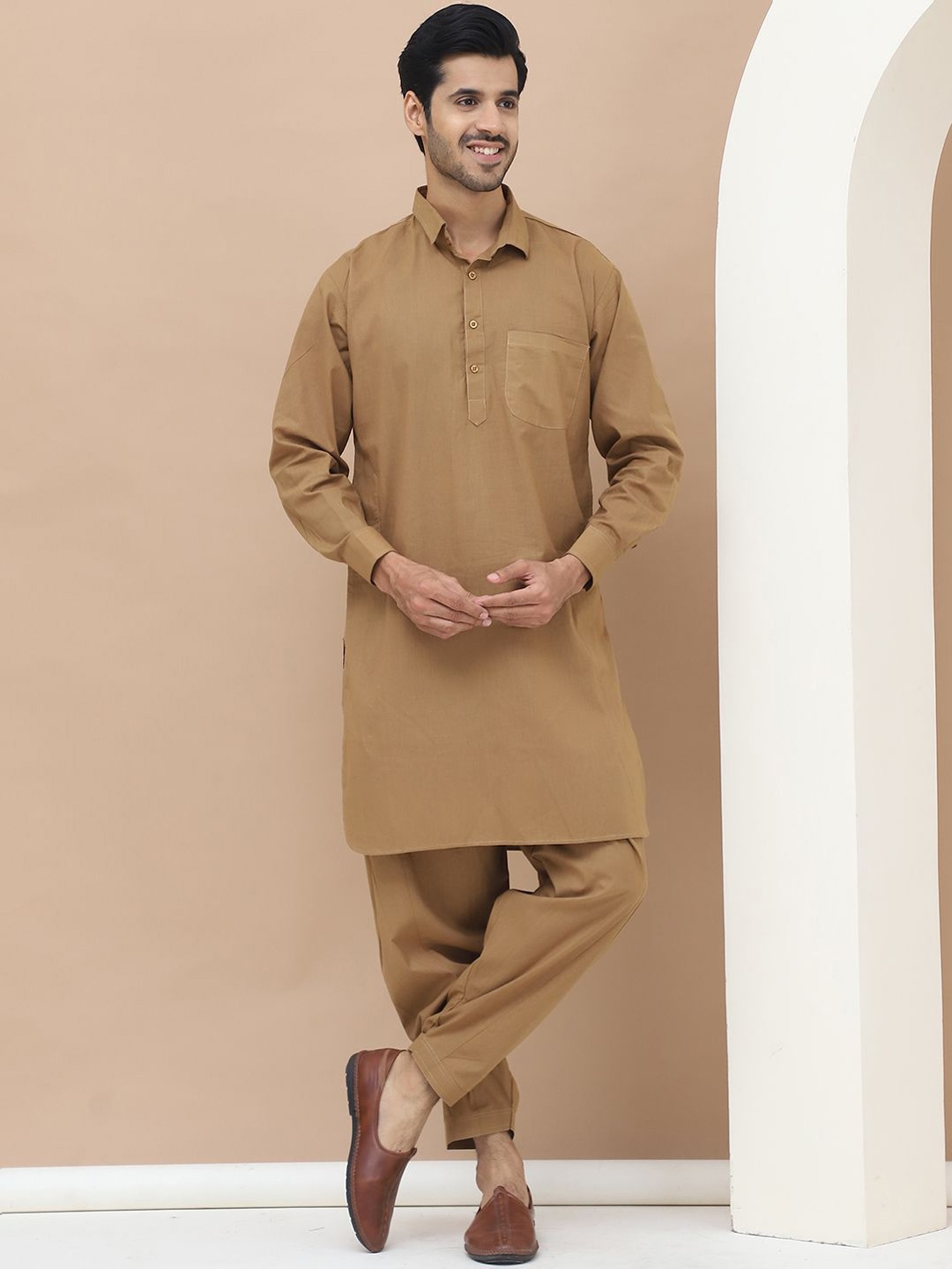 

TAG 7 Shirt Collar Long Sleeves Pure Cotton Pathani Kurta with Salwar, Camel brown