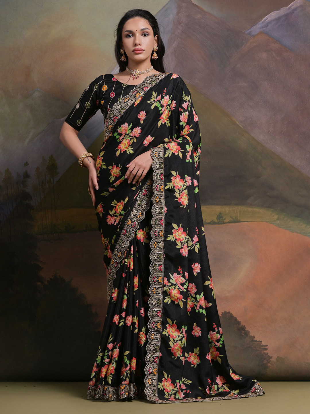 

Mitera Floral Printed Saree, Black