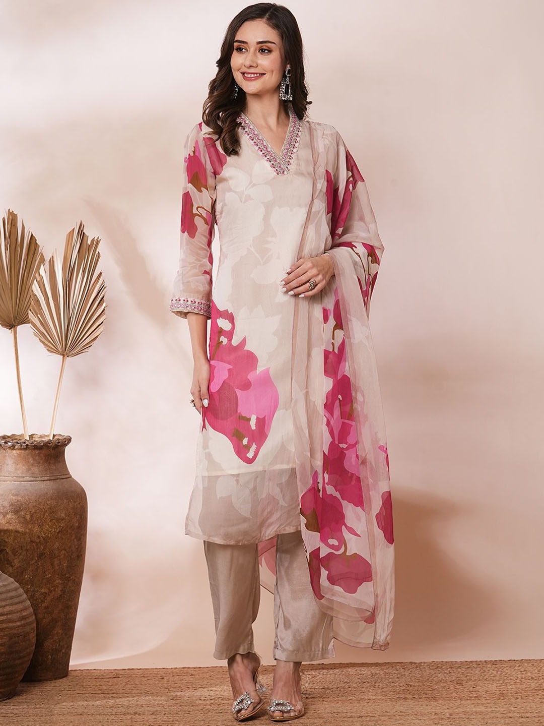 

FASHOR Women Printed Regular Mirror Work Kurta with Trousers & With Dupatta, Taupe