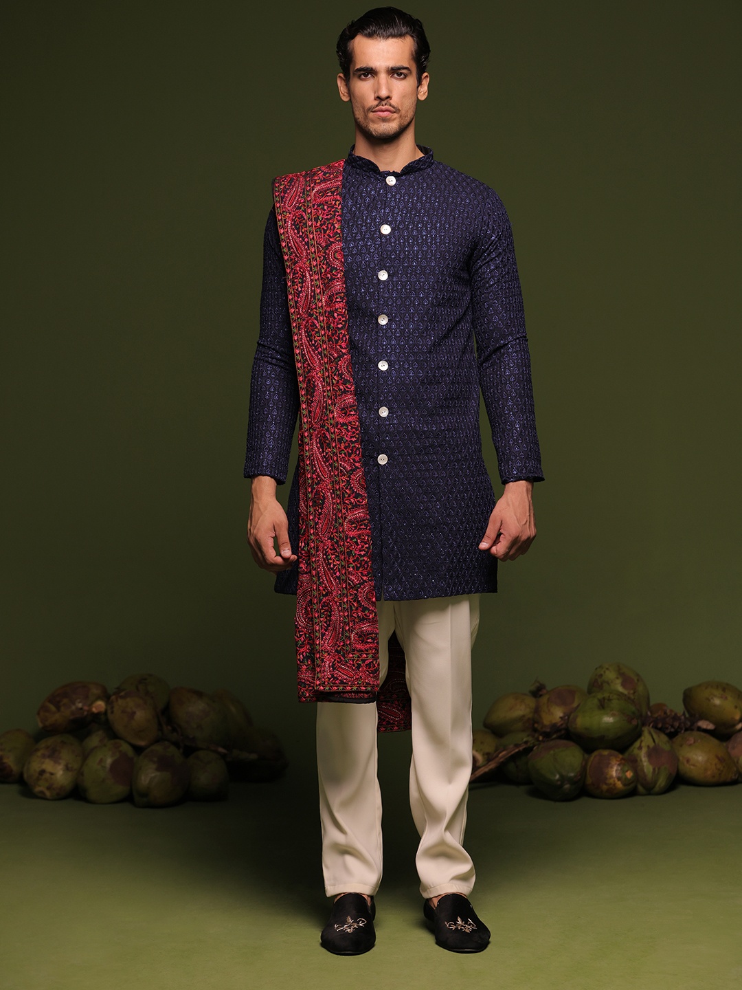 

KALPRAAG Aviral Ethnic Motifs Embroidered Sequined Straight Kurta With Trousers & Dupatta, Navy blue
