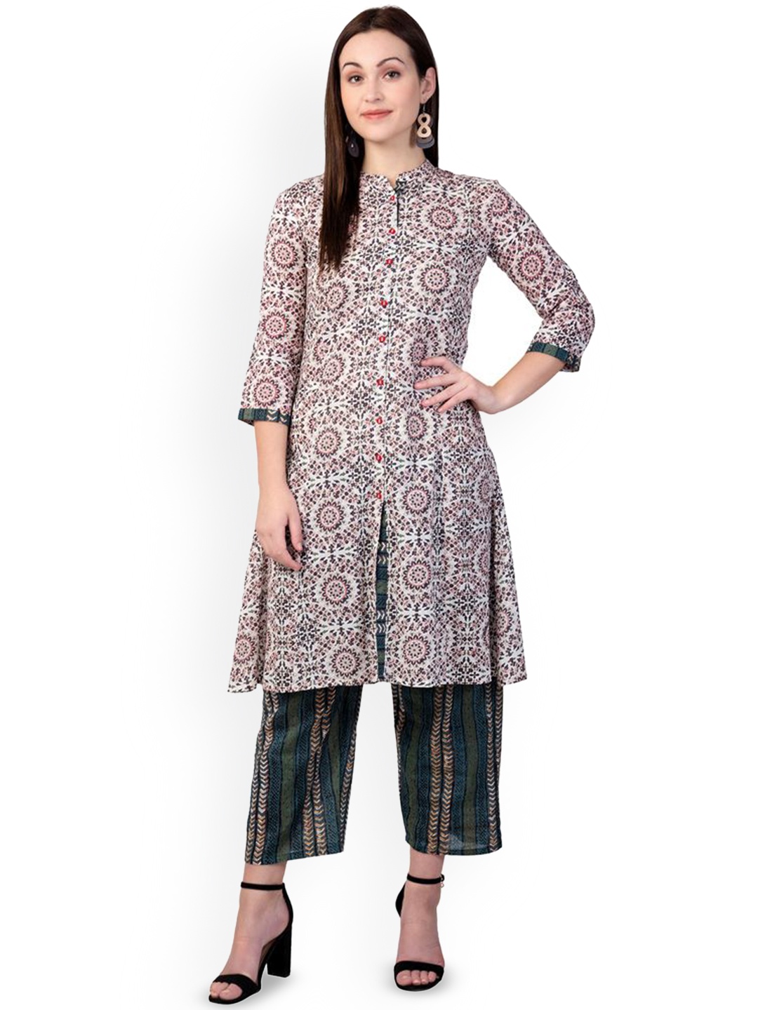 

BAESD Women Printed Regular Pure Cotton Kurta with Trousers, Off white