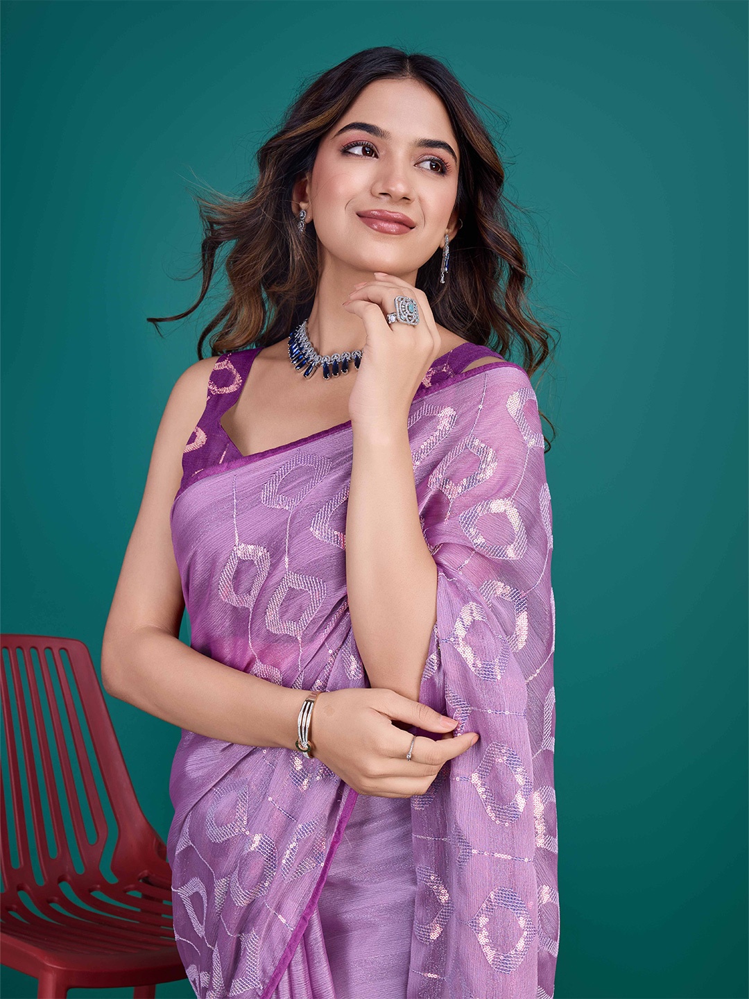 

Mitera Embellished Sequinned Poly Chiffon Saree, Lavender