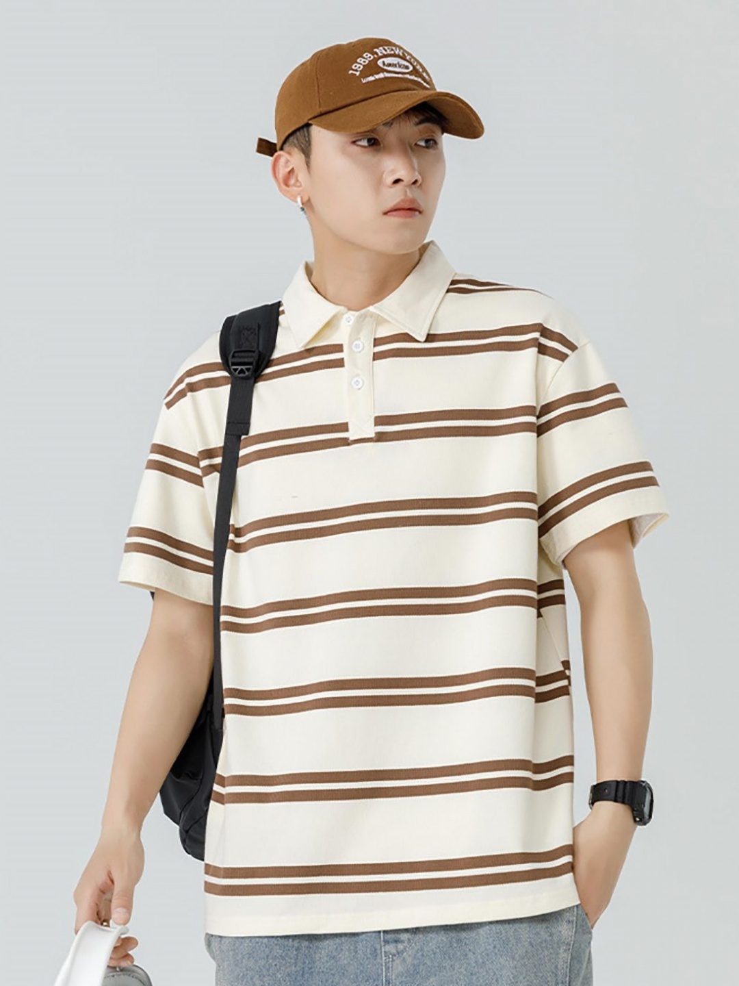 

StyleCast x Revolte Men Striped Polo Collar Cotton T-shirt, Off white