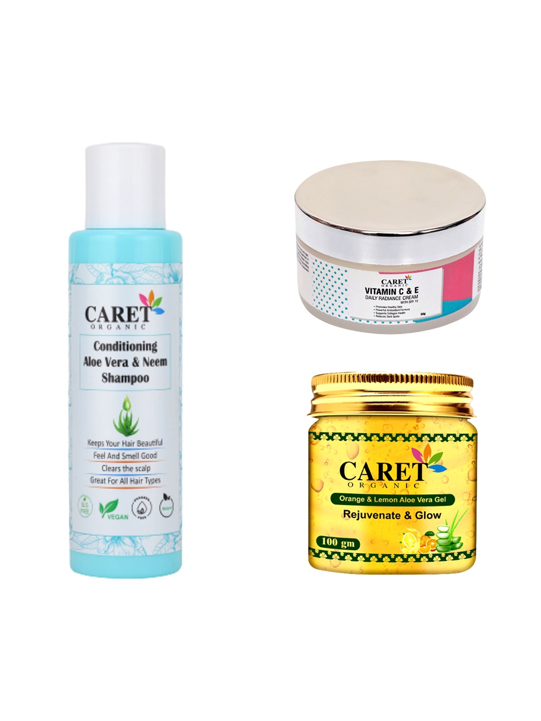 

CARET ORGANIC Neem Shampoo Orange Lemon Aloevera Gel & Vitamin C Nourishing Cream Combo, White
