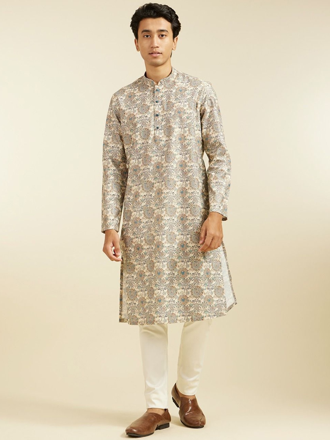 

Diwas by Manyavar Floral Printed Mandarin Collar Straight Kurta, Beige