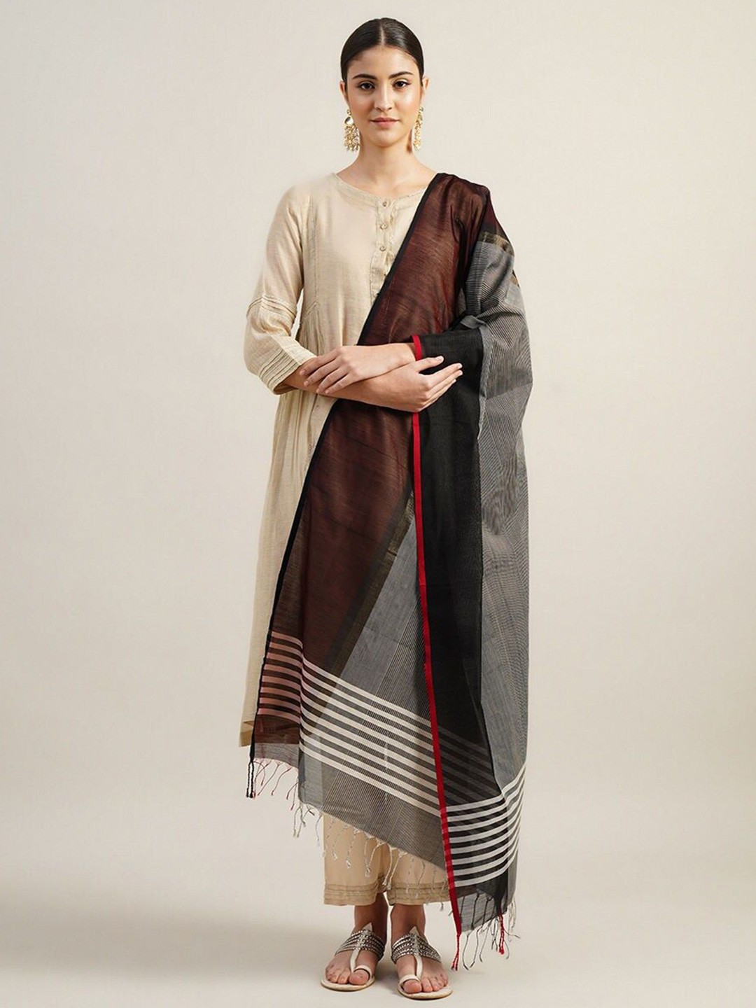 

JAYPORE Striped Cotton Silk Dupatta, Black