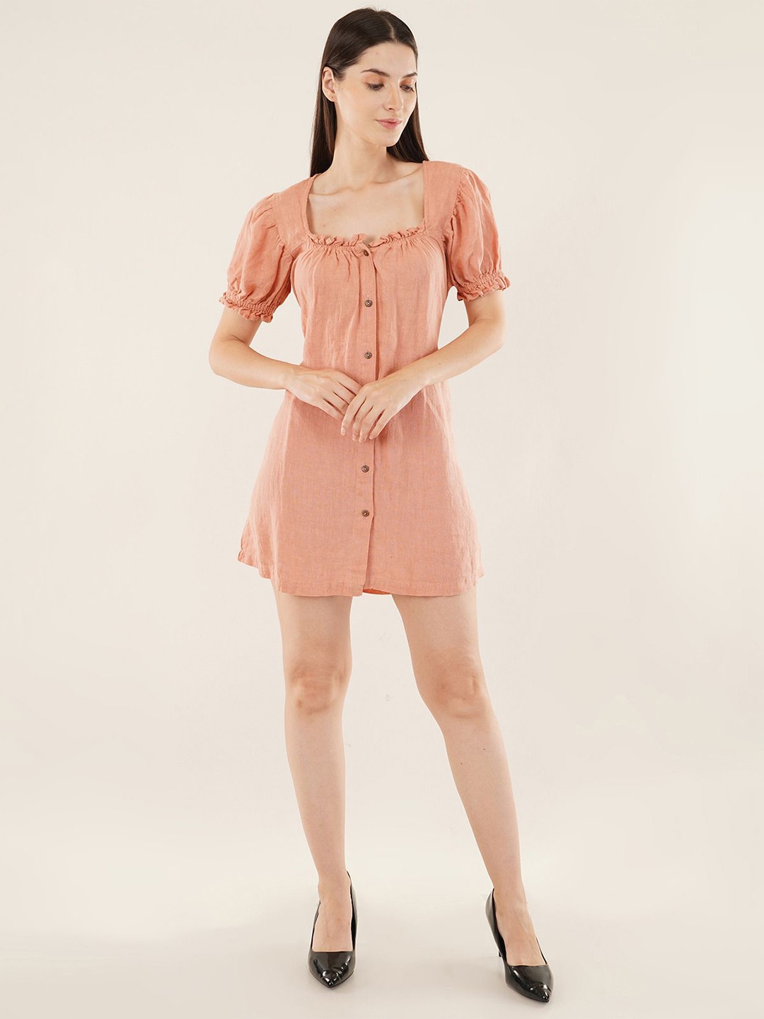 

Linen Options Women Puff Sleeves A-Line Dress, Pink