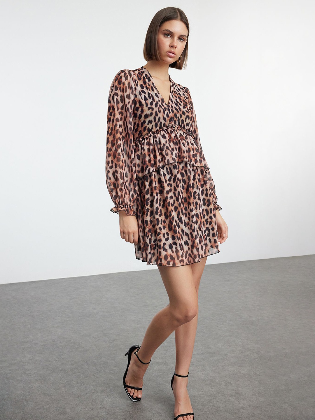 

Trendyol Animal Print Puff Sleeve A-Line Dress, Na