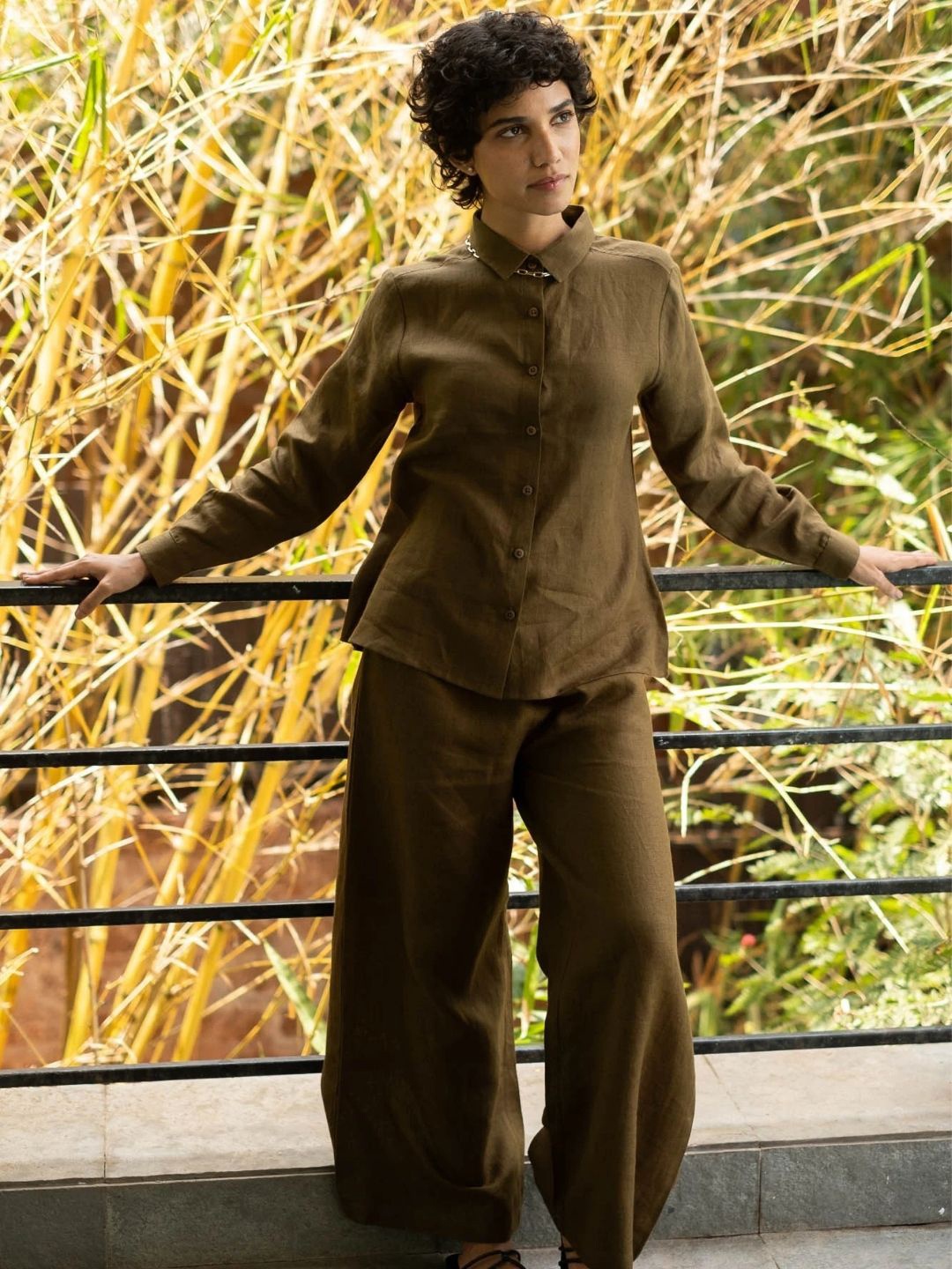 

Creatures of Habit Women Linen Co-ord Set with Day Shirt and Oversized Pants, Olive