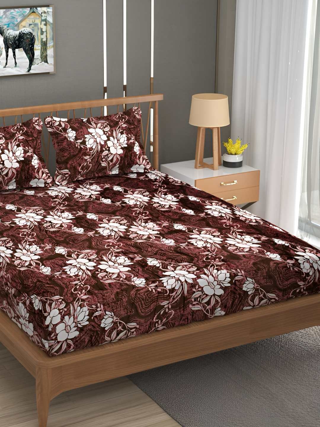 

B' Decorlish Coffee Brown & White Printed Fitted Double Bed Cover with 2 Pillow Covers